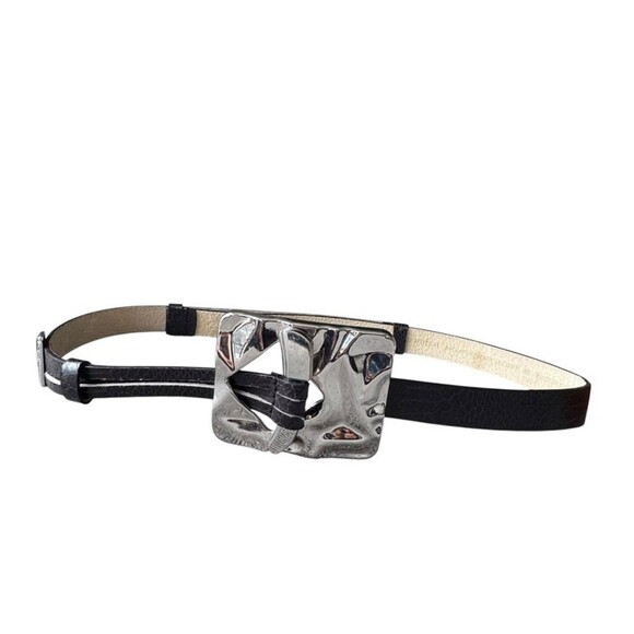 Chico’s Brutalist Silver Hammered Buckle Leather Belt medium large Vintage y2k